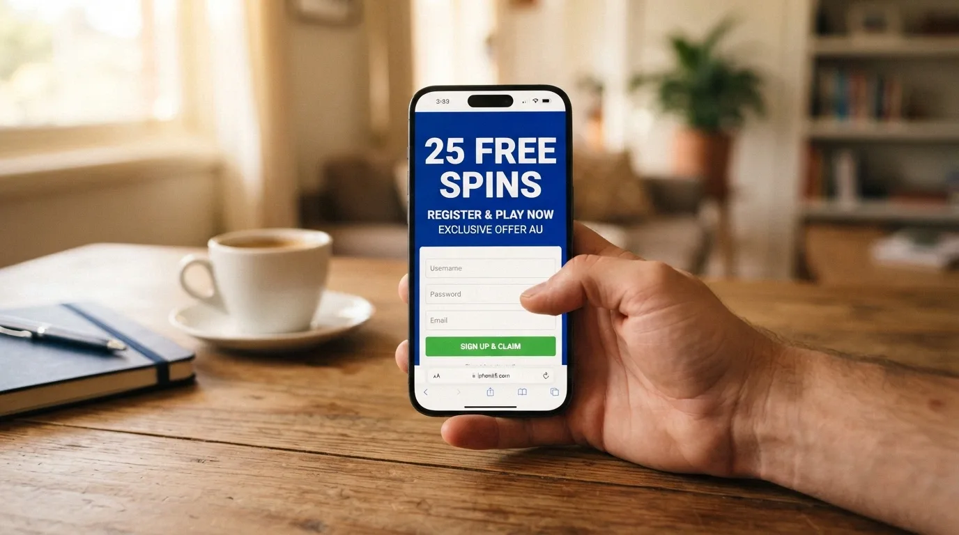 A hand holding a smartphone showing a casino sign-up screen with a “25 Free Spins” welcome banner, with a coffee cup and notebook beside it