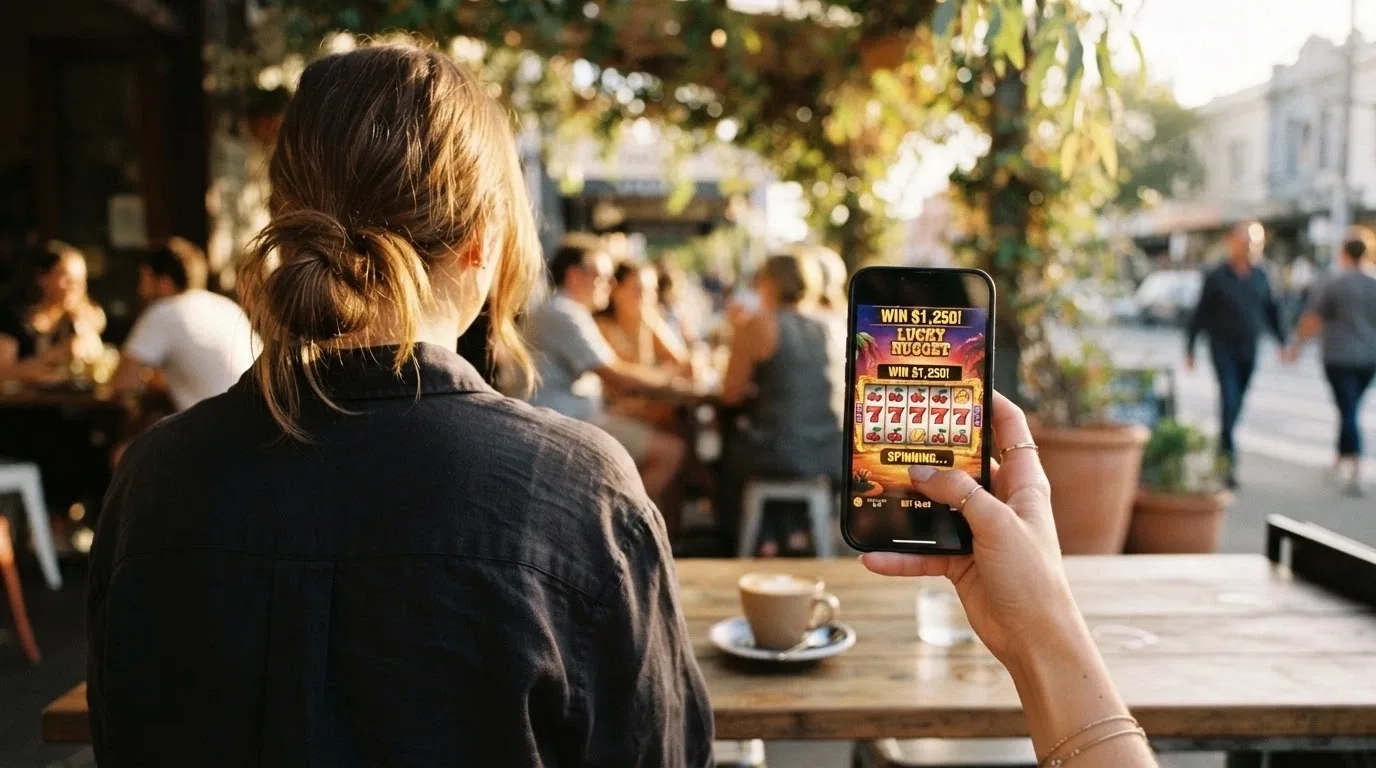 An Australian player holding a smartphone in landscape mode with a pokie game on screen, PayID logo visible in the deposit corner, outdoor café setting