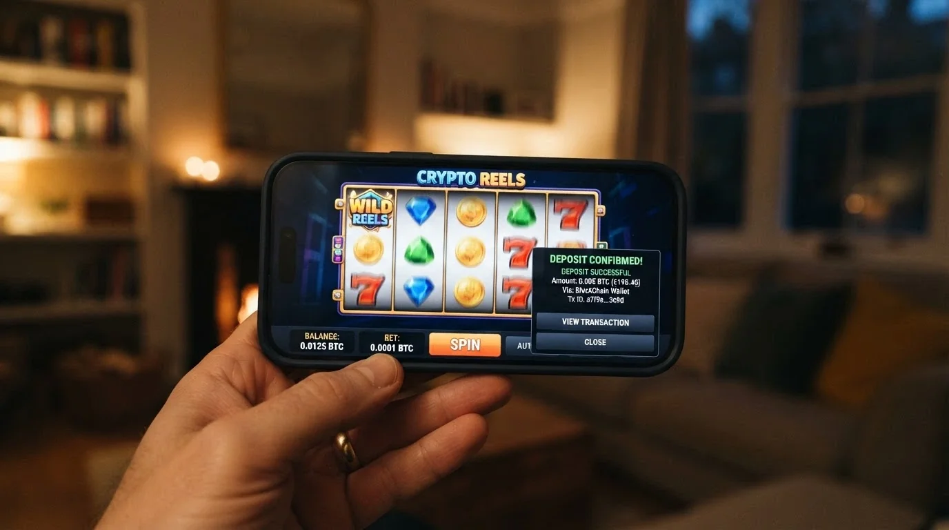 A hand holding a phone in landscape mode showing a pokies game with the cashier overlay open and a $1 crypto deposit confirmation