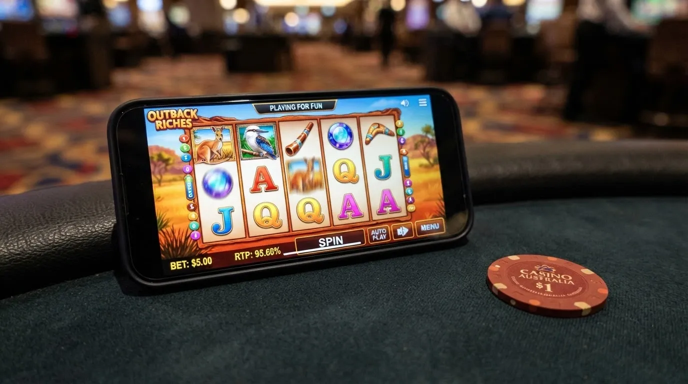 A smartphone in landscape orientation showing a pokie game with five reels spinning, the RTP and bet amount visible in the game interface