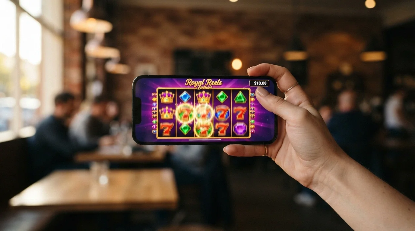 A hand holding a smartphone in landscape orientation displaying a colourful pokies game with a “$10.00” balance badge visible in the corner
