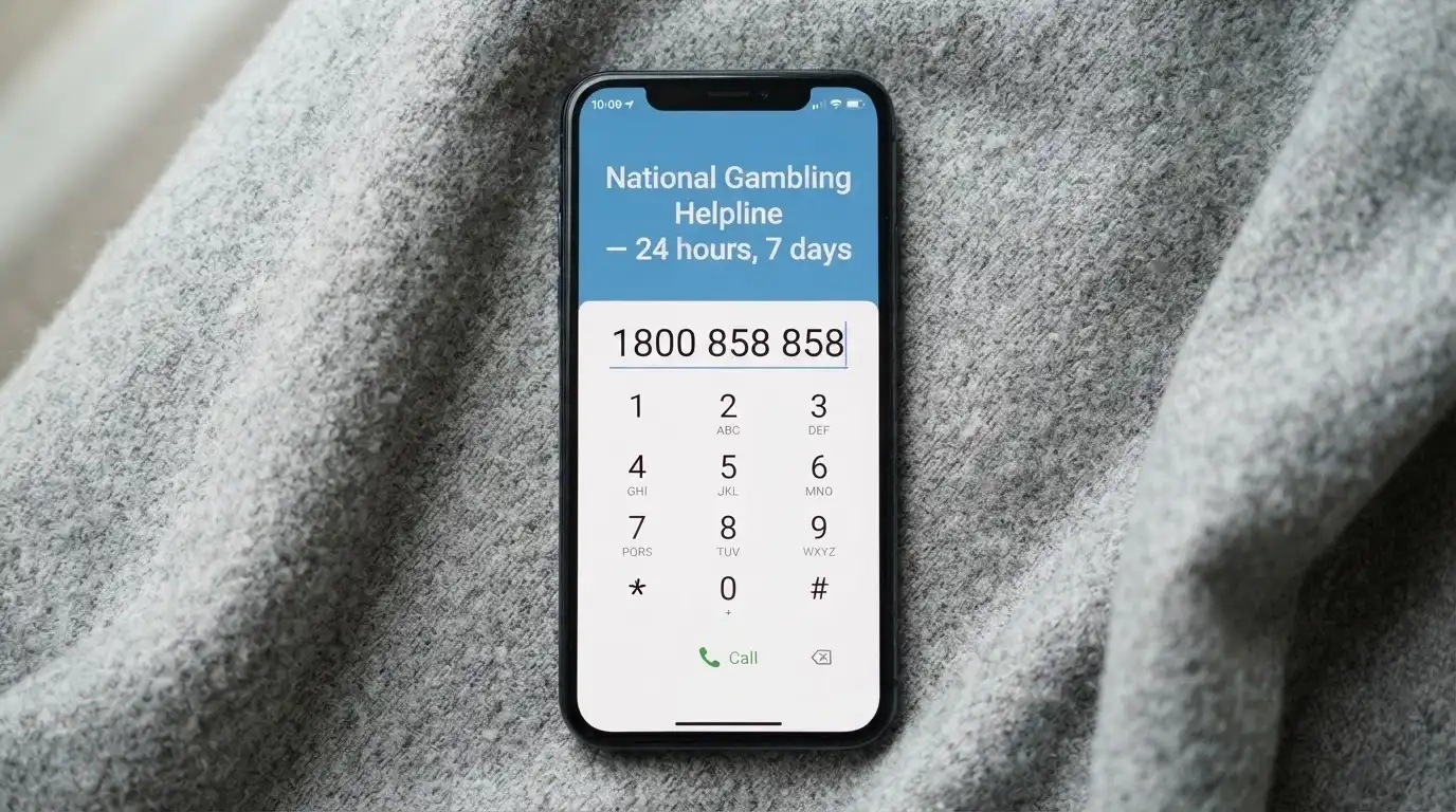 A close-up of a smartphone keypad with the number 1800 858 858 being dialled, the words “National Gambling Helpline — 24 hours, 7 days” displayed on the screen above it