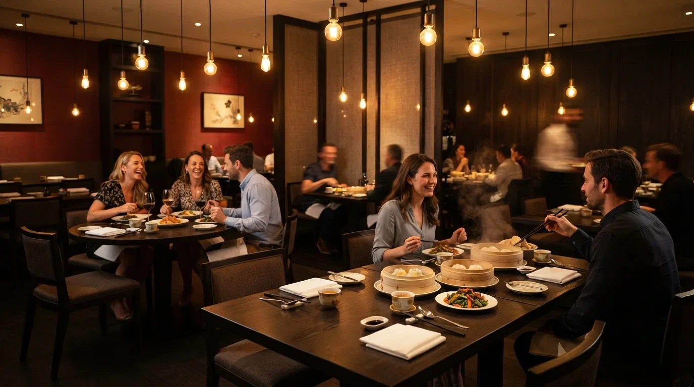 The interior dining room of Natural Nine restaurant inside Casino Canberra, with tables set for Pop Chinese service