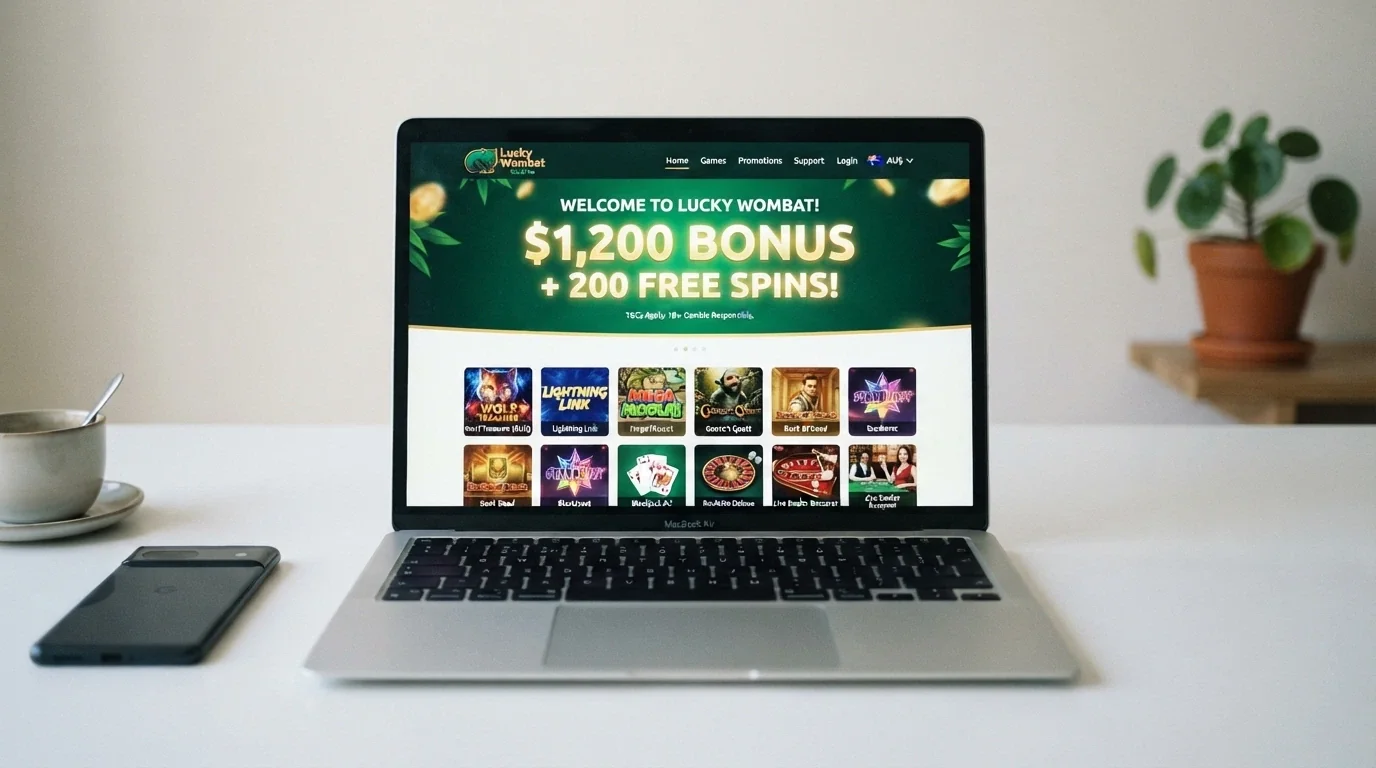 A freshly launched website homepage with a bold welcome-offer banner and a sparse game lobby behind it