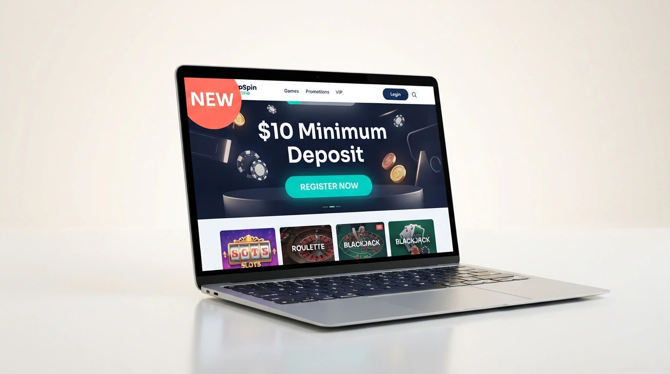 A clean, modern casino homepage interface with a “New” badge, a “$10 Minimum Deposit” banner, and a sign-up button highlighted