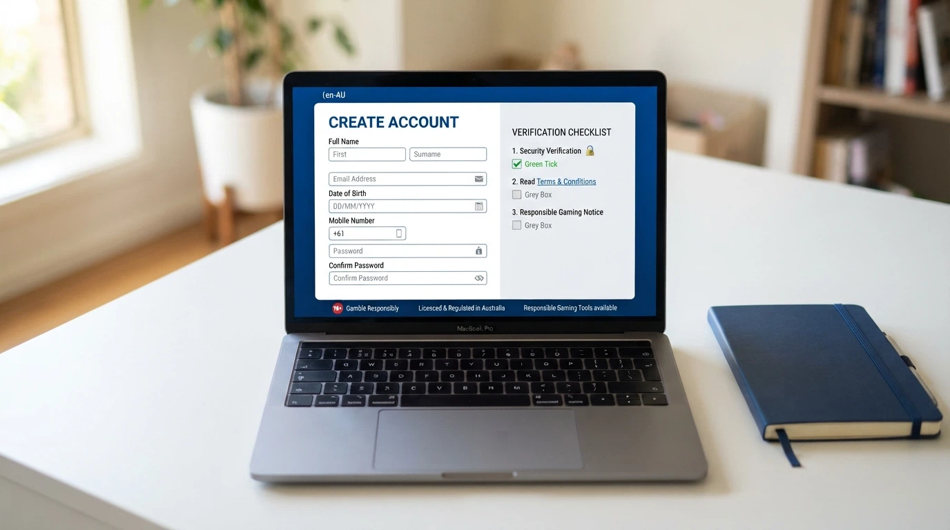 A sign-up form on a laptop screen with a verification checklist overlay — licence number field, padlock icon, terms-page link — with one item ticked green