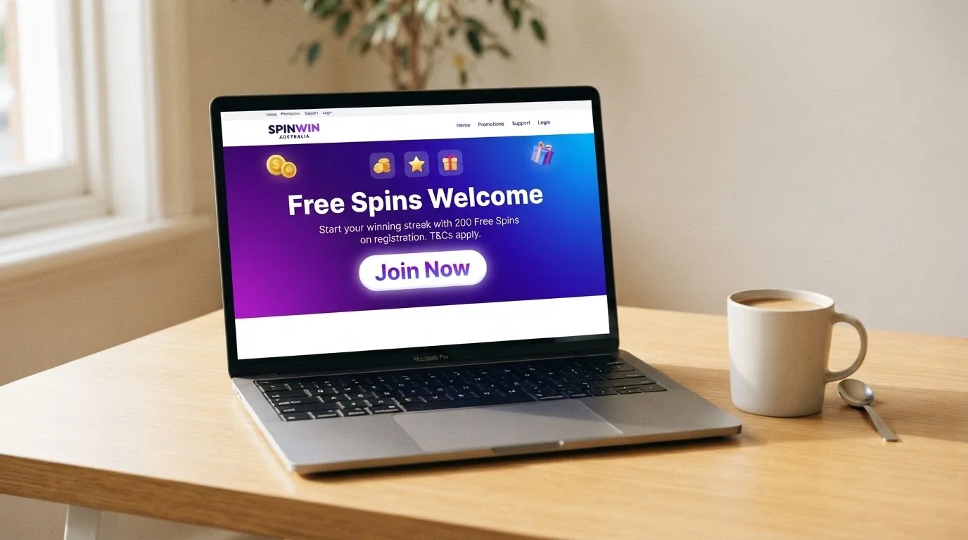 A sleek new online casino homepage with a prominent sign-up bonus banner displaying a free spins promotion and a “Join Now” button.