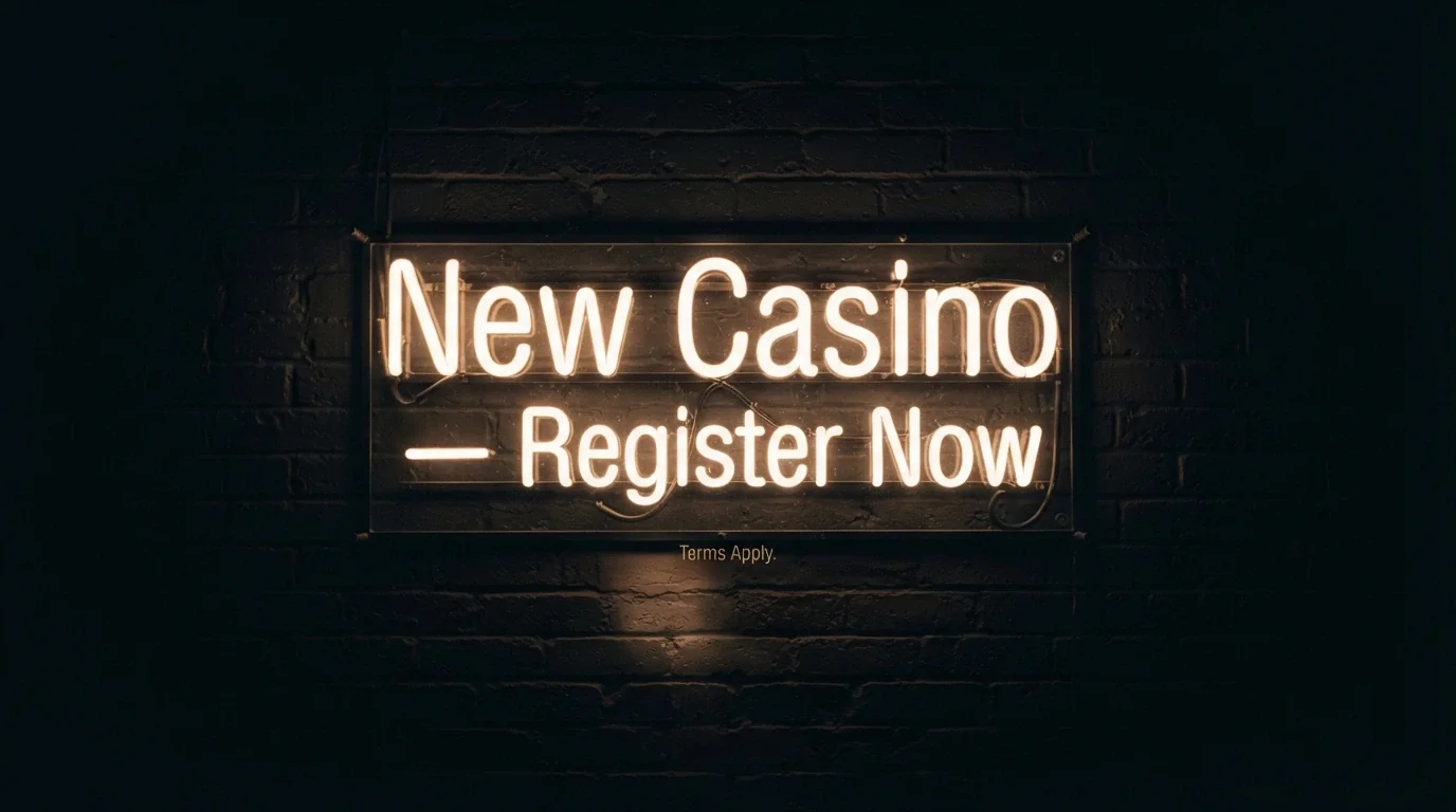 A glowing “New Casino — Register Now” neon-style sign against a dark background, with a small “Terms Apply” notice visible at the bottom edge