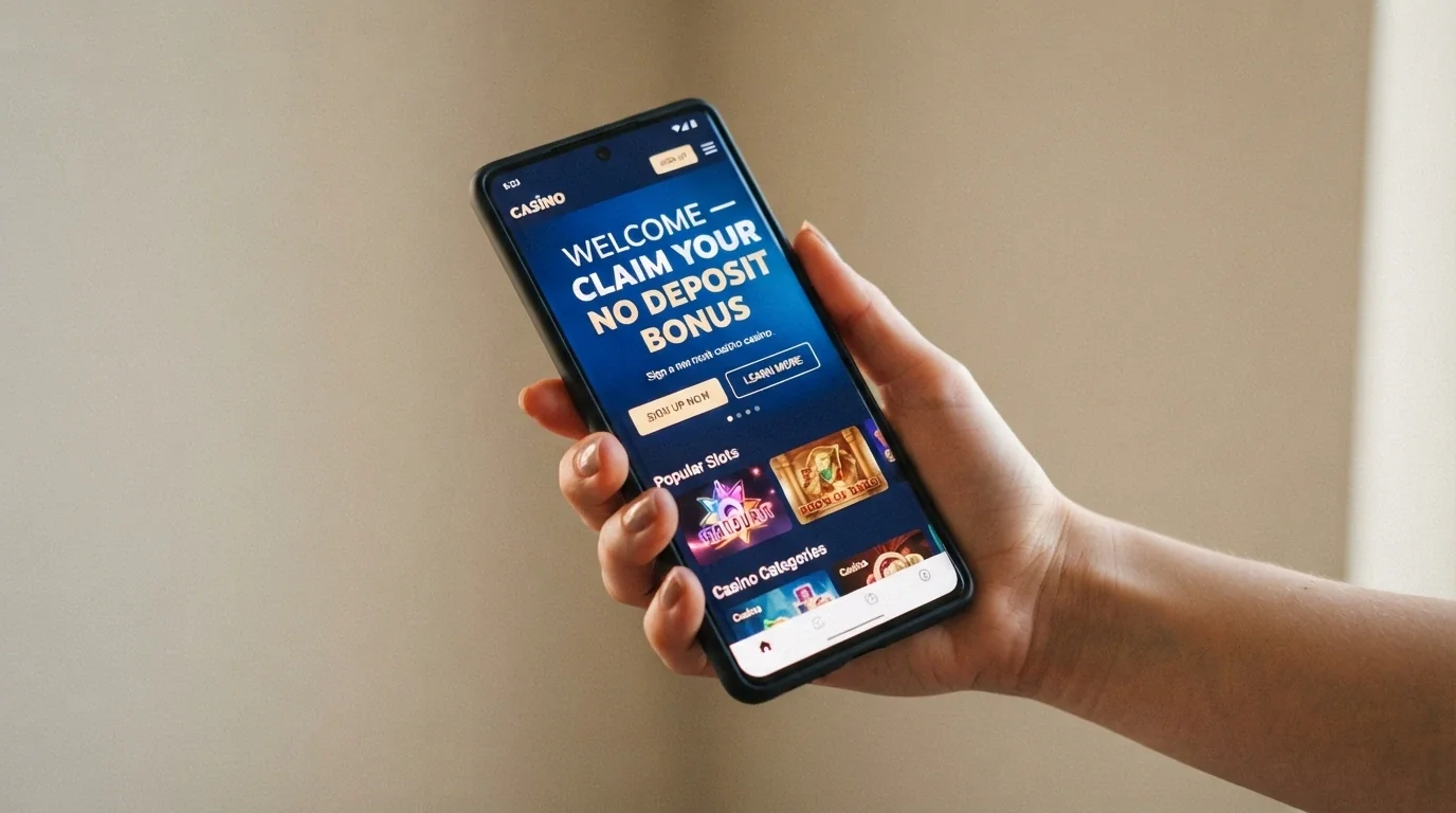 A smartphone held in hand showing a freshly designed casino homepage with a prominent “Welcome — Claim Your No Deposit Bonus” hero banner, the phone angled so the screen glow is visible against a neutral background