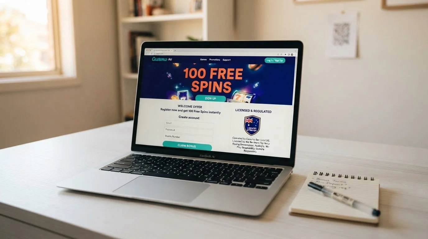 A fresh casino sign-up screen on a laptop, with a 100 free spins banner prominent and a verification badge partially visible beside the licence information
