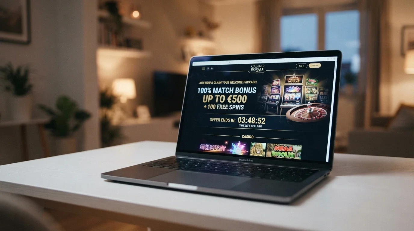 A stylised new-casino landing page with a large welcome-bonus banner and a countdown timer beside it