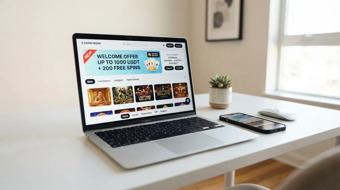 A fresh casino homepage with a NEW banner and a $1 deposit badge displayed beside a crypto wallet prompt