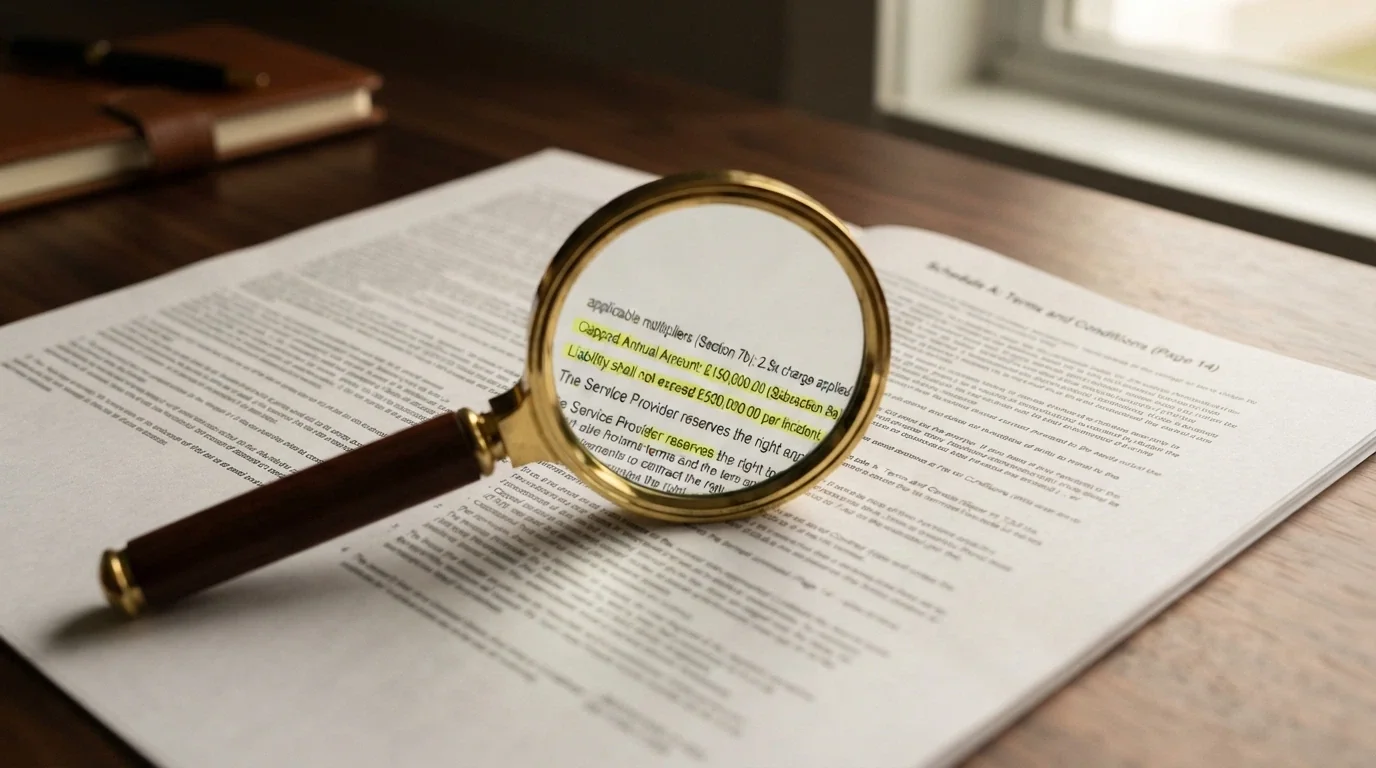 A magnifying glass held over casino bonus terms and conditions, with wagering-multiplier and cashout-cap clauses highlighted in yellow