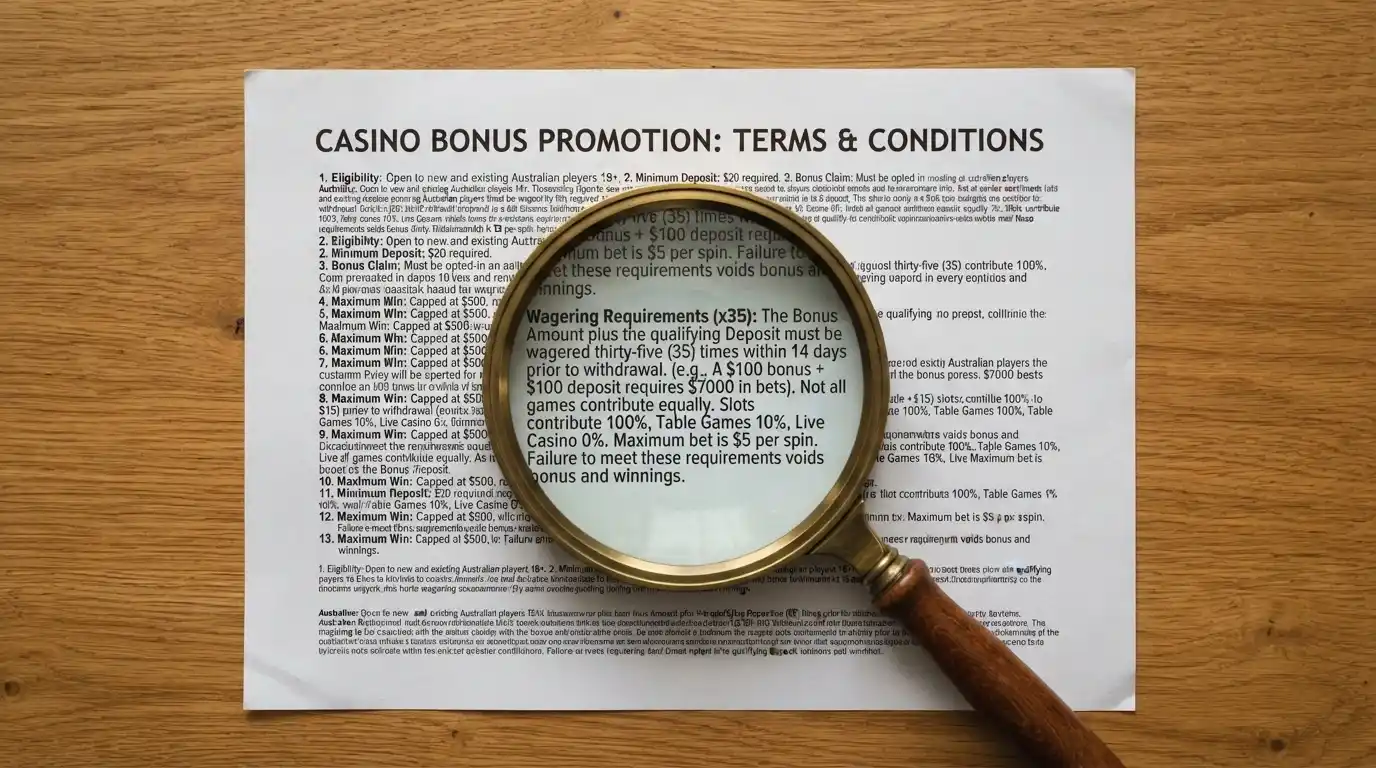 A pair of hands holding a printed casino bonus terms sheet with a magnifying glass over the wagering-requirements clause, shot on a wooden table