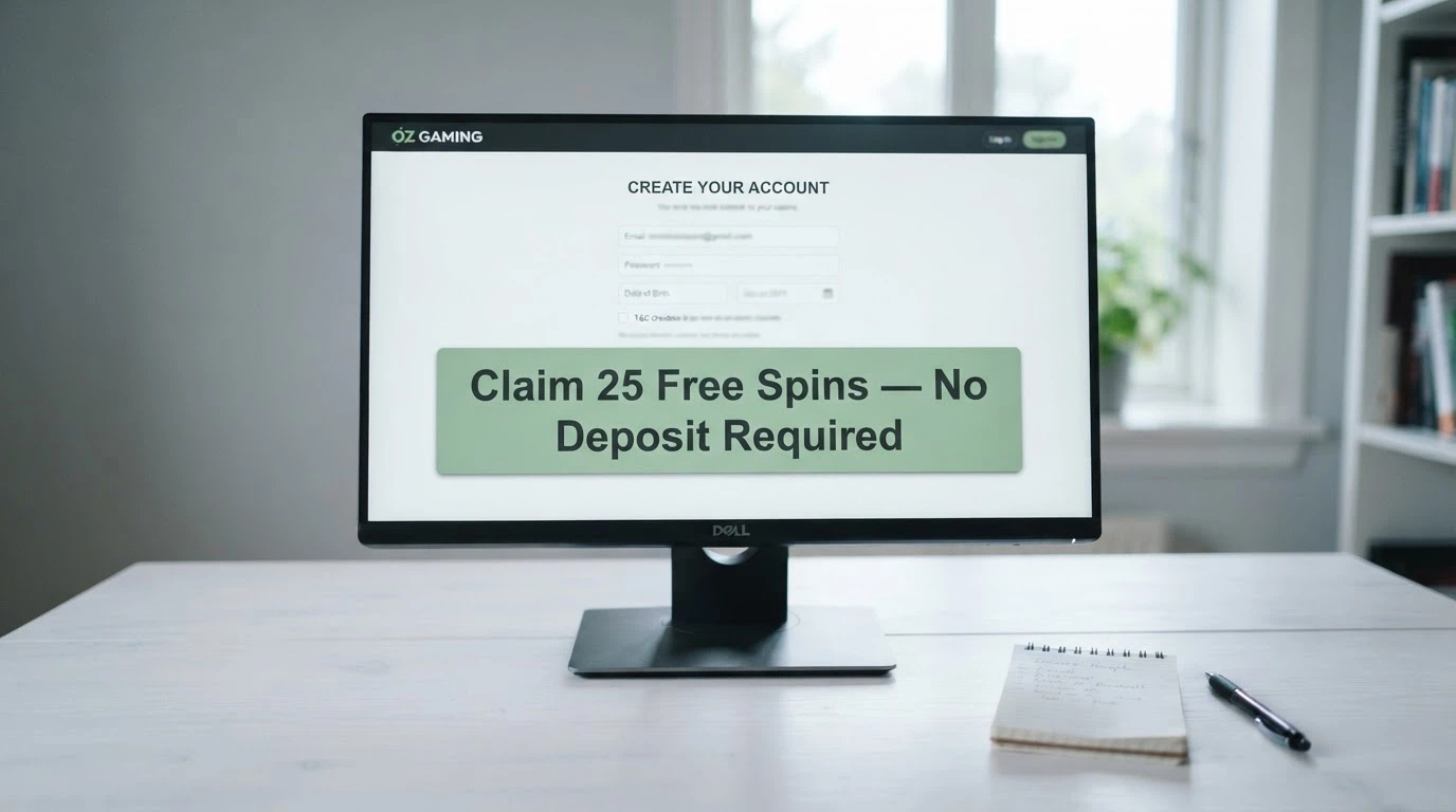 A close-up of a computer screen showing a casino registration form with a “Claim 25 Free Spins — No Deposit Required” button highlighted