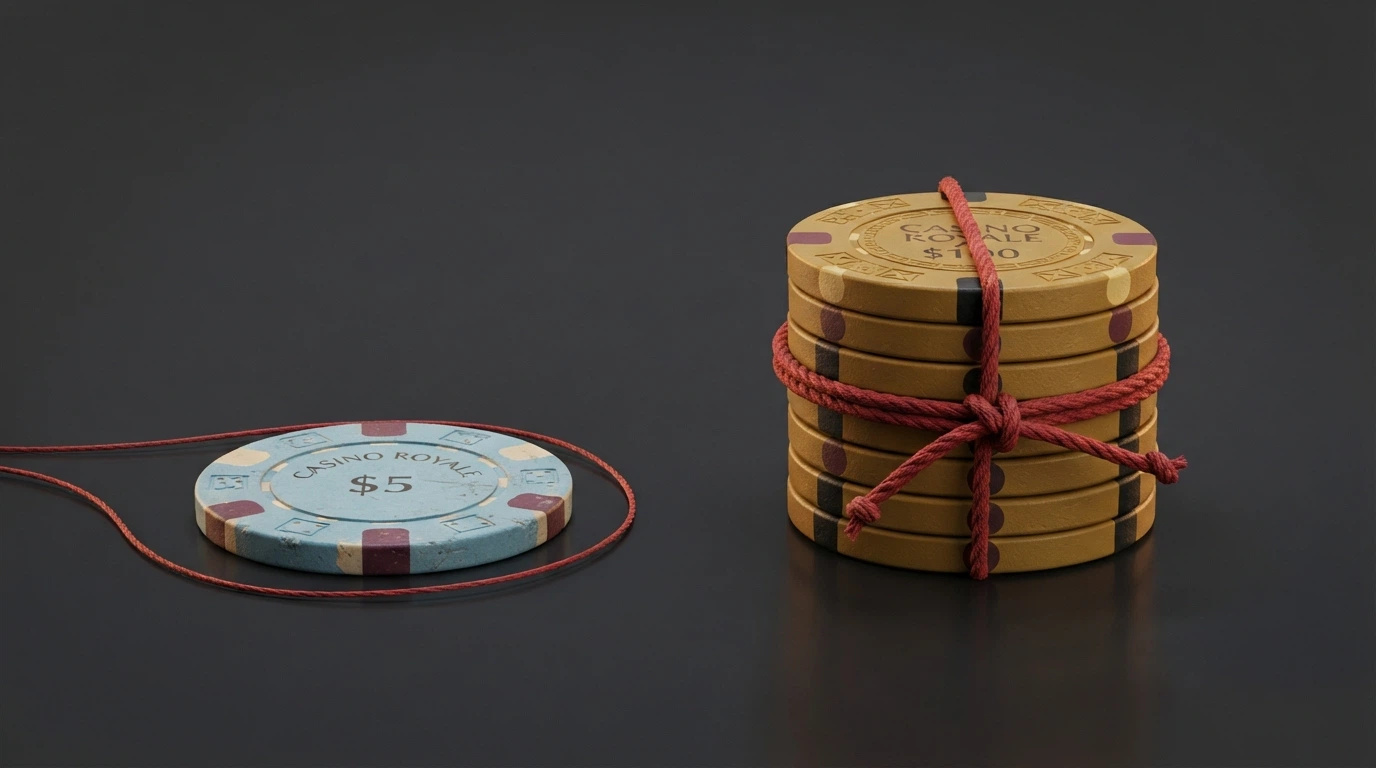 A side-by-side split frame: on the left, a small chip labelled “no deposit”; on the right, a larger stack with “deposit match” — both with different strings attached