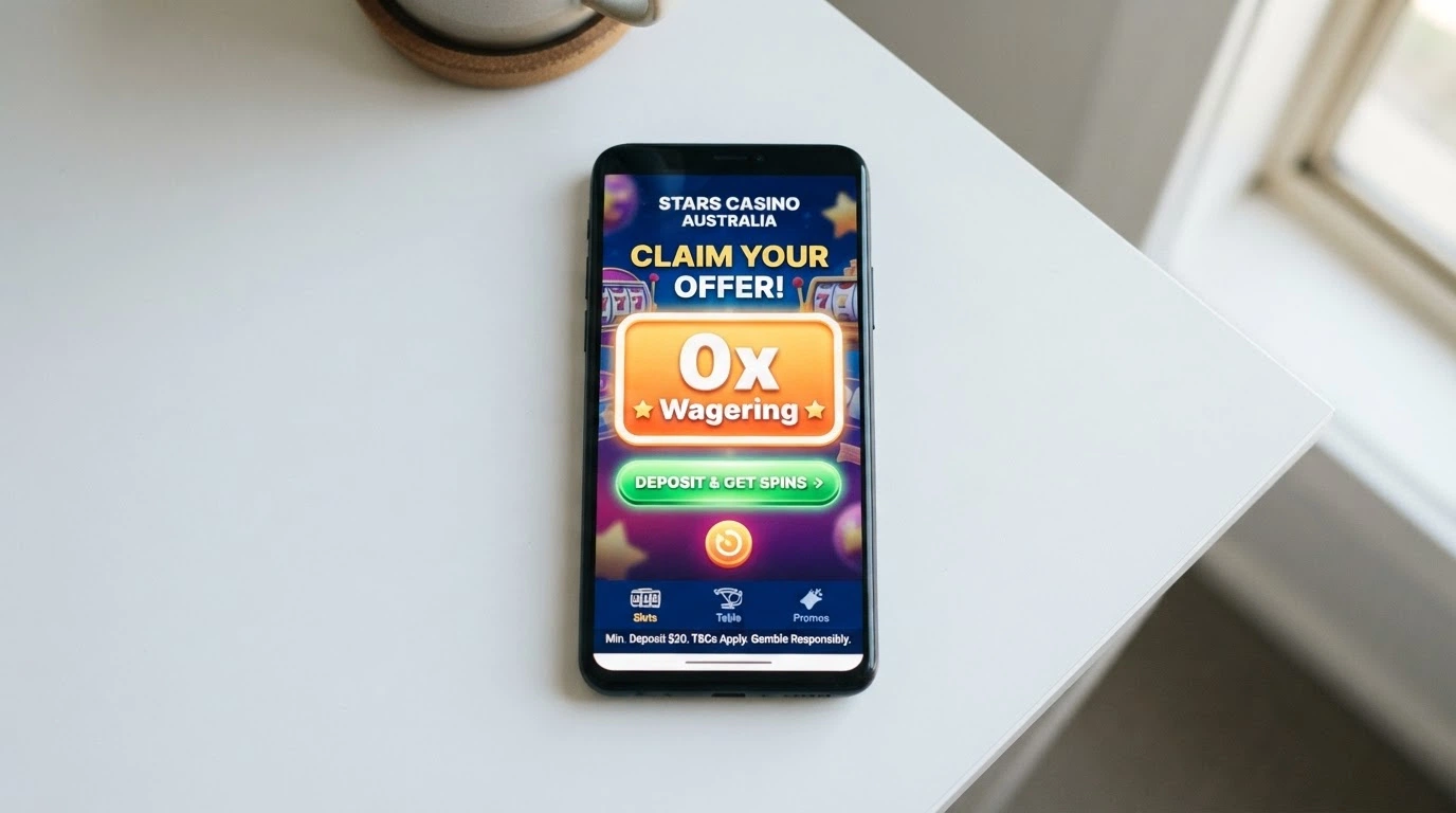 A smartphone screen displaying a casino free-spins pop-up with “0x Wagering” highlighted and a claim button below