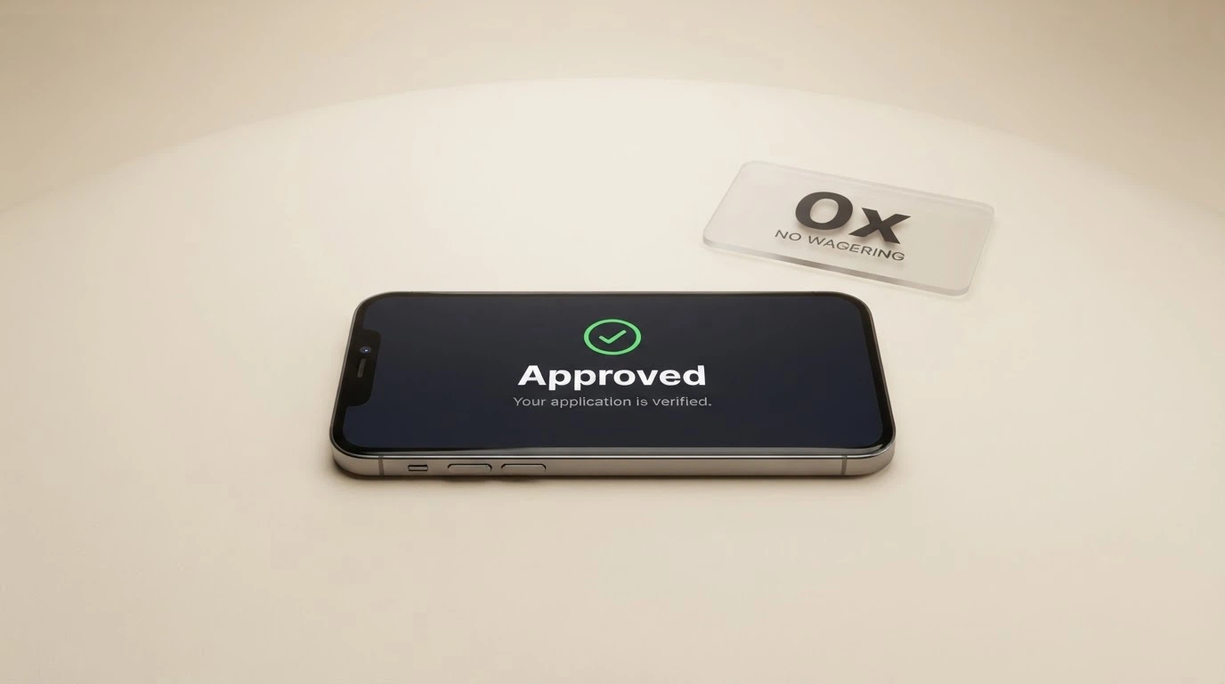 A withdrawal confirmation screen with no pending wagering hold displayed, beside a bonus-terms panel showing 0x rollover