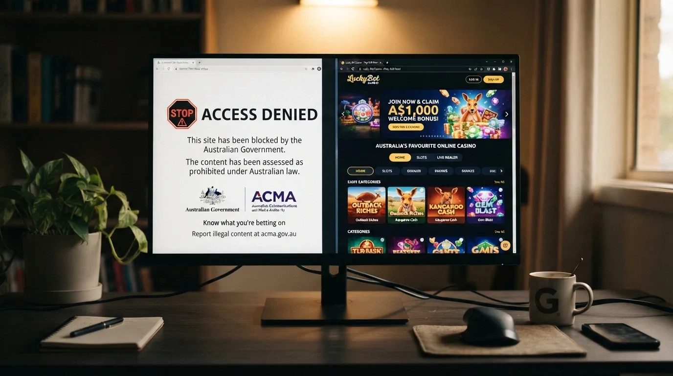 An Australian internet browser window displaying an ACMA blocking notice alongside a still-accessible offshore casino homepage in a split-screen view