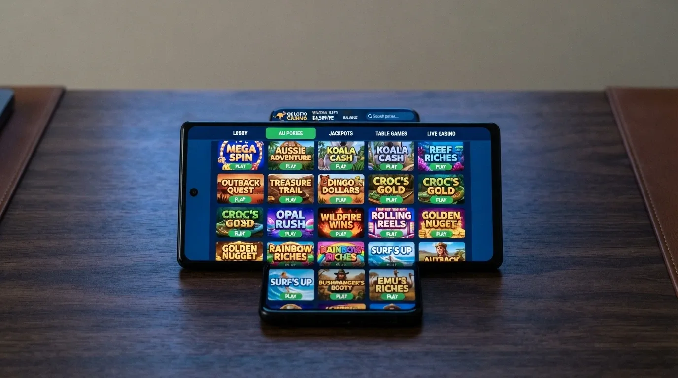 A smartphone screen displaying an online casino game lobby with pokie thumbnails, a search bar and category filters visible