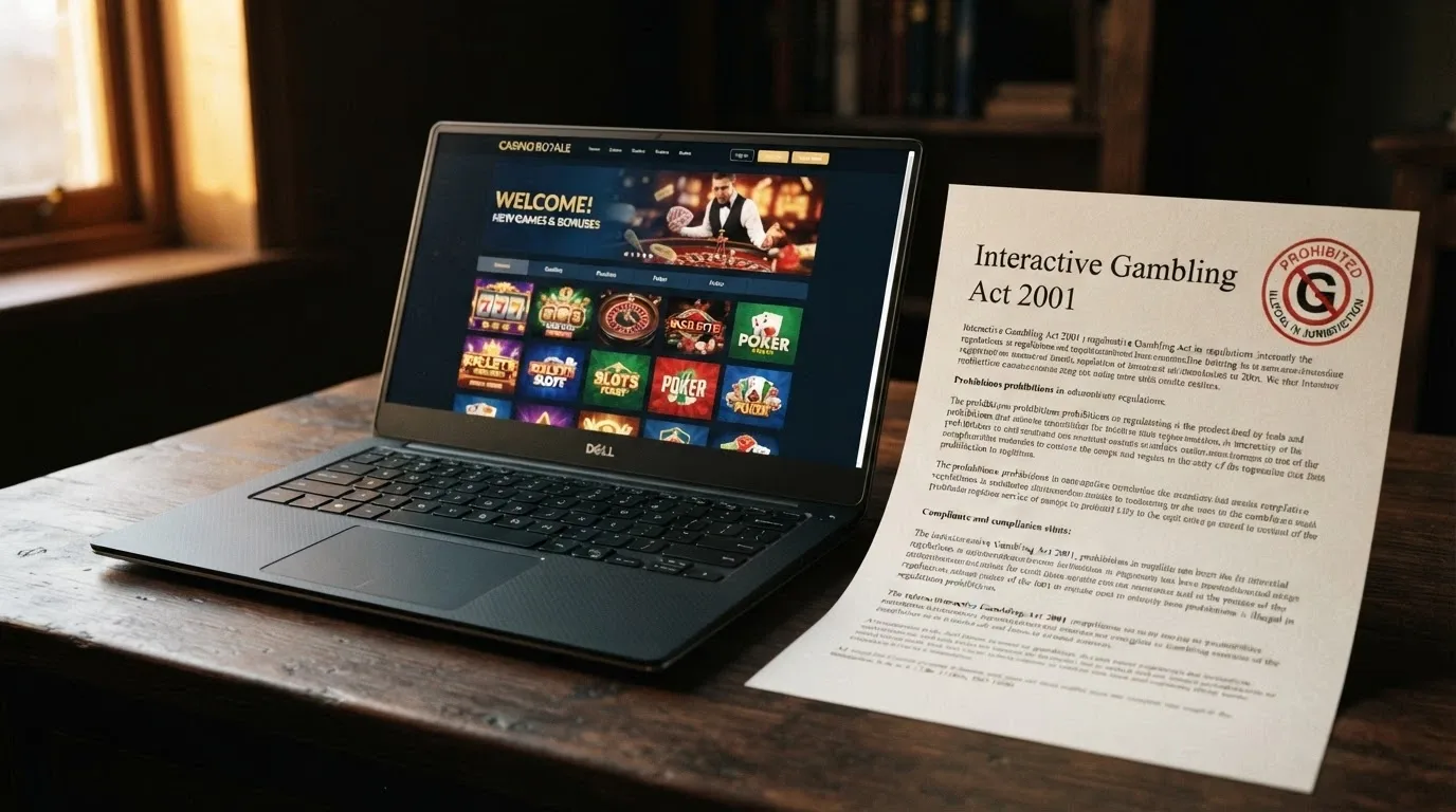A laptop screen showing an offshore casino homepage beside an official-looking document marked Interactive Gambling Act 2001 with a prohibition stamp