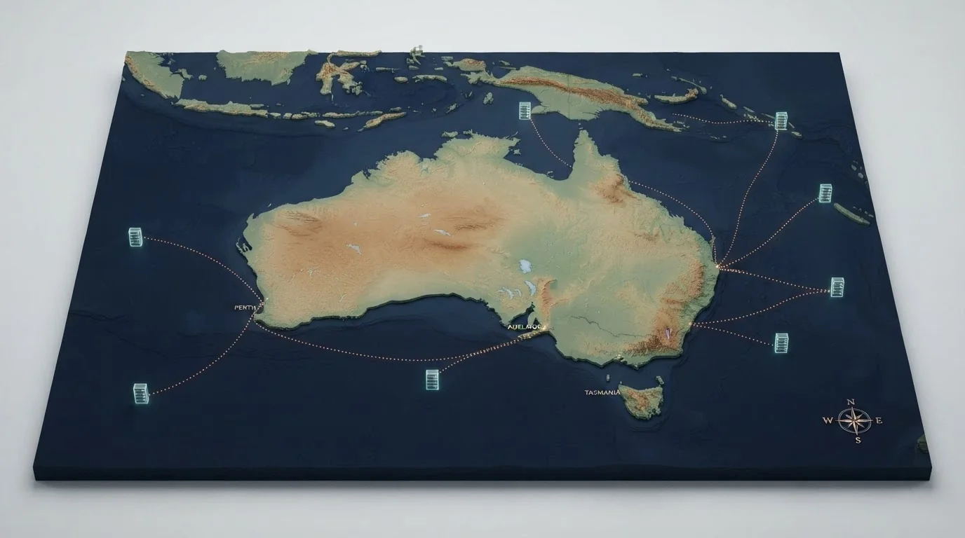 A map of Australia with server-location icons positioned outside the country — in Curaçao, Cyprus and other offshore jurisdictions — connected to Australian player devices by dotted lines
