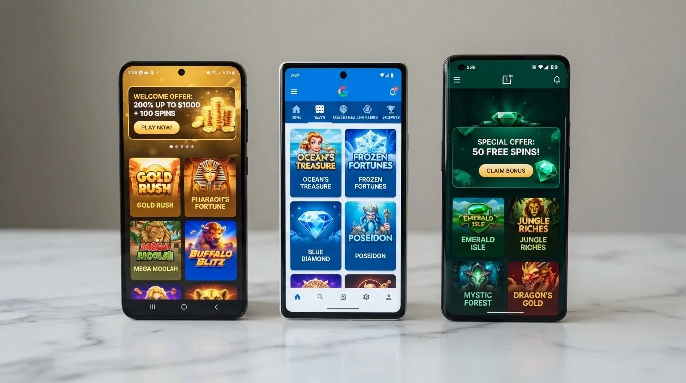 Three Android phones side by side, each displaying a different offshore casino's mobile lobby with pokies thumbnails and a welcome-offer banner