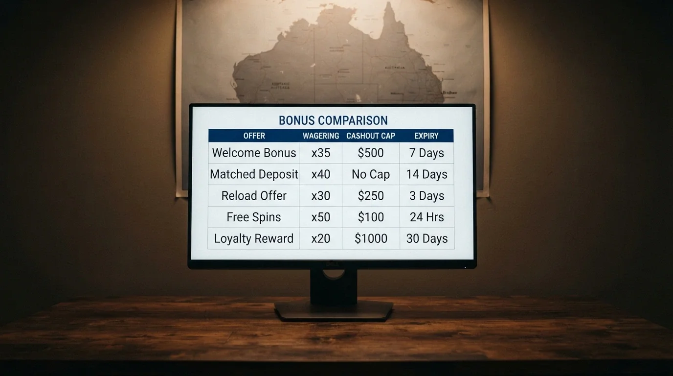 A desktop screen showing a comparison table with operator names and key terms — wagering, cashout caps and expiry — against a muted map of Australia