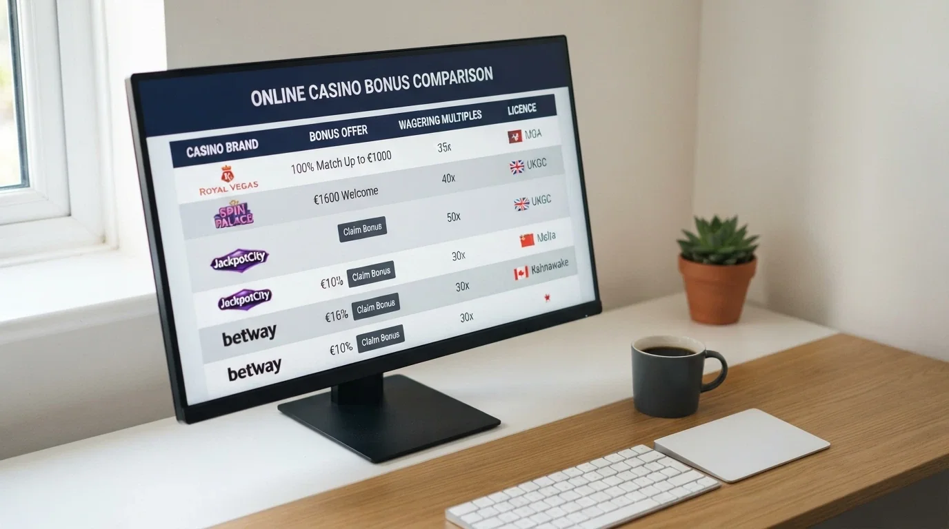 A side-by-side comparison layout showing casino names, bonus types and wagering figures arranged in columns on a desktop screen