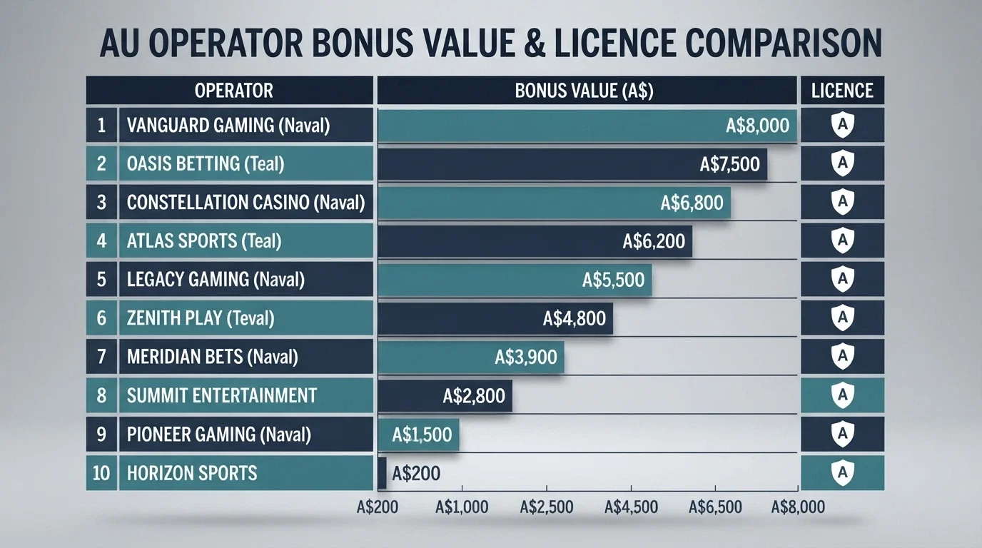 A comparison chart showing casino names beside bonus values and licence type icons arranged in ranked order