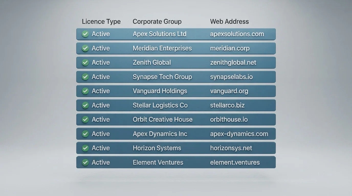 A comparison table layout showing operator names, licence columns and domain information