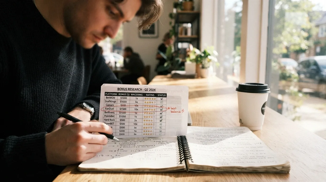 A side-by-side arrangement of casino brand cards with bonus amounts, wagering figures and star ratings laid out like a comparison dashboard