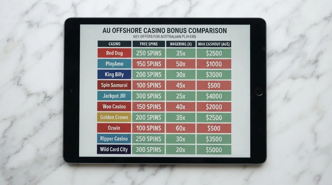 A side-by-side grid layout showing casino logos and key bonus figures — free spin counts, wagering multipliers, cashout caps — arranged as a visual comparison with colour-coded cells marking above-average and below-average terms