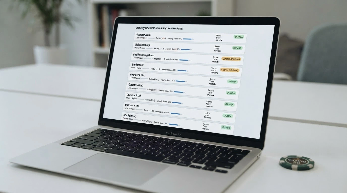 A comparison view of operator cards on a screen, with a column showing licence status — every entry marked as offshore in a highlighted colour