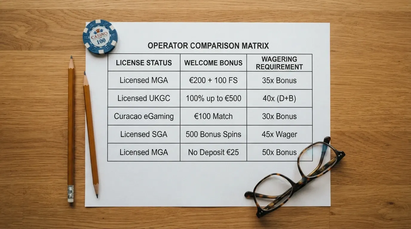 A comparison table listing offshore casino brands with columns for licence status, welcome bonus and wagering requirement