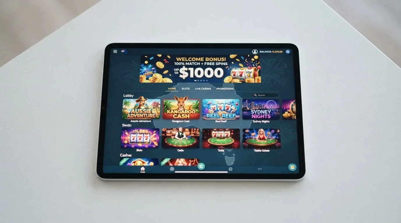 A tablet displaying a side-by-side casino comparison grid with bonus amounts, wagering figures and licence badges, set against a muted Australian map outline