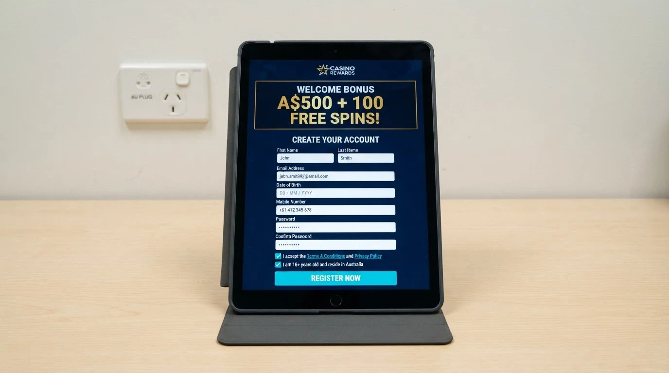 An iPad resting on a table showing an offshore casino registration page with the welcome bonus banner visible, an Australian power-point in the background