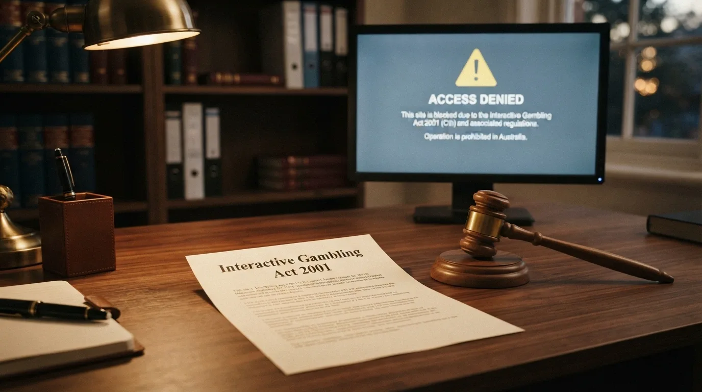 A document titled Interactive Gambling Act 2001 resting on a desk beside a gavel, with a computer screen showing a blocked-website notice in the background