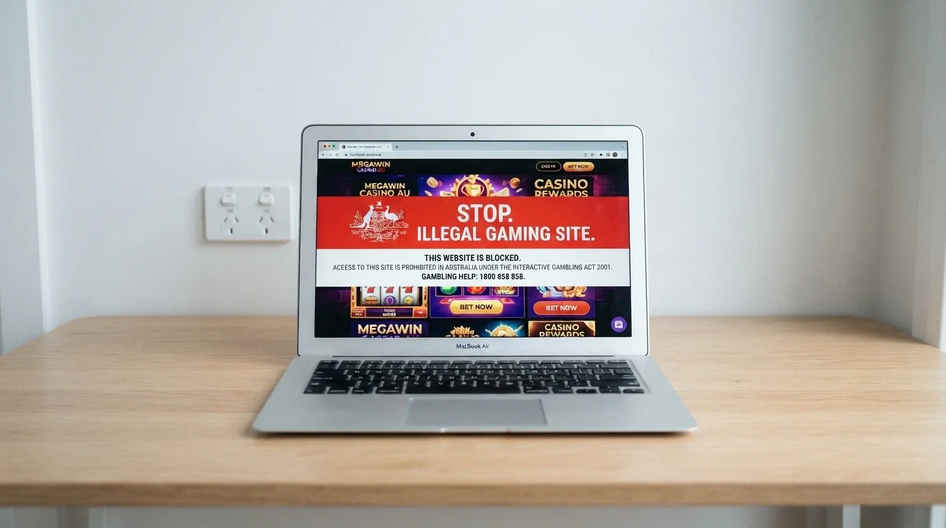 A laptop on a desk displaying a casino site with a pop-up blocked by an ACMA-style warning overlay, an Australian power point visible in the background to ground the scene in AU