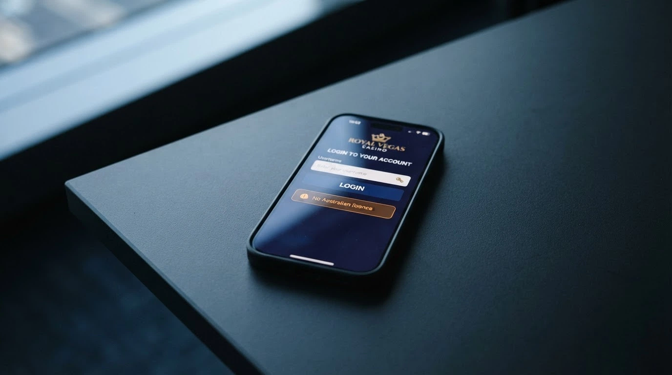A smartphone screen showing a casino app login page with a subtle “no Australian licence” notice