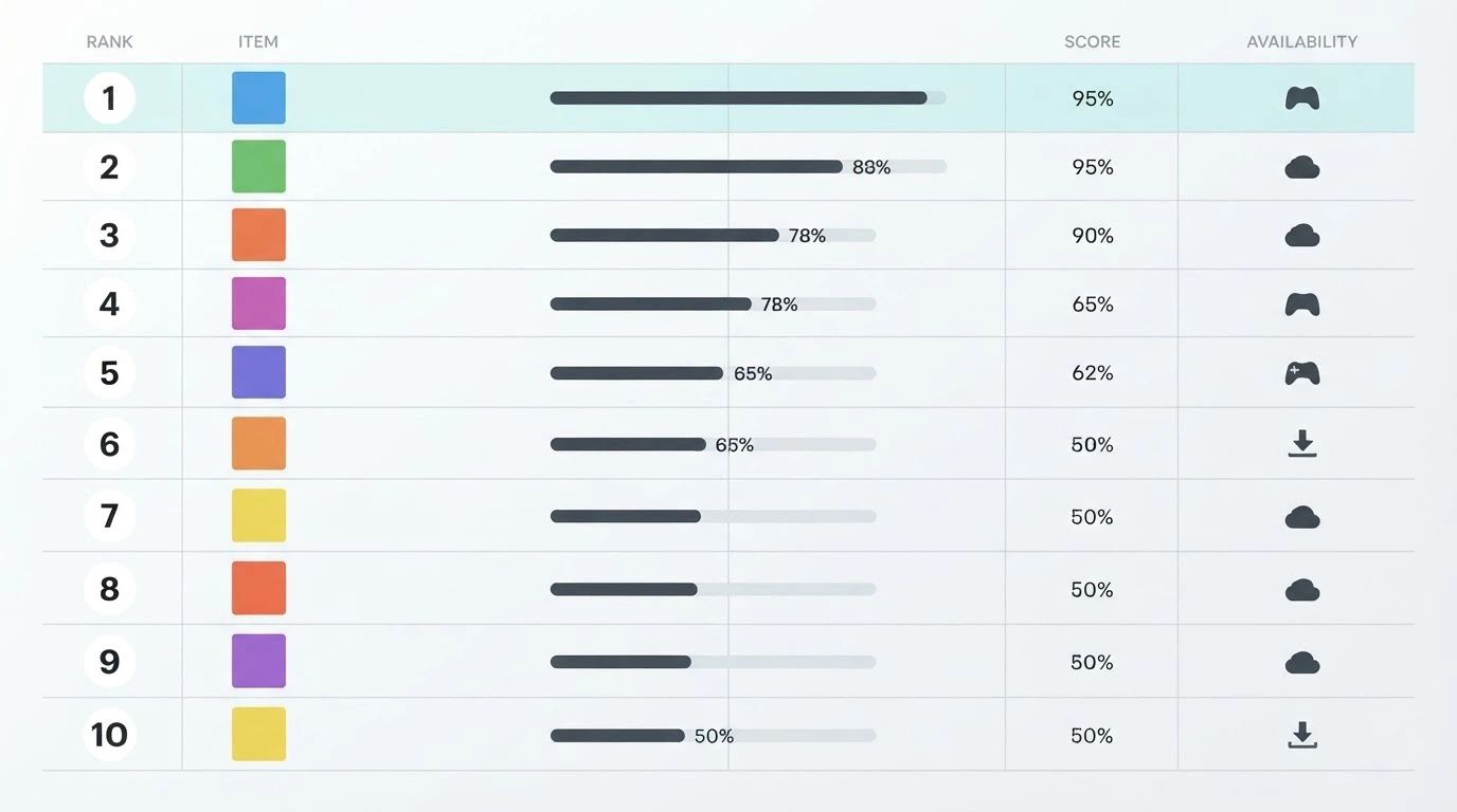 A clean comparison view of casino logos arranged in ranked order with key stats — welcome bonus, licence, craps offering