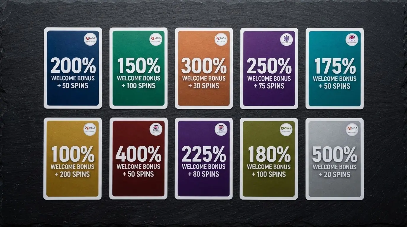 A grid of ten casino-branded cards laid out on a dark surface, each showing a different welcome-bonus figure and a small licence badge, arranged as if being compared
