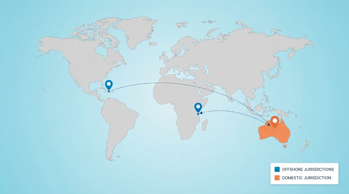 A simplified world map highlighting Curaçao, Anjouan and Australia, with arrows showing the regulatory distance — a Curaçao licence flagged as providing no Australian legal protection.