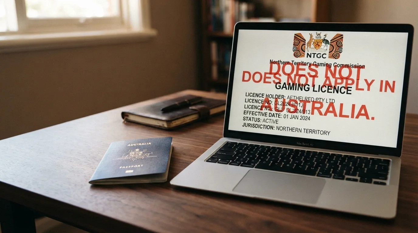 An Australian passport lying next to a laptop screen displaying a Curaçao gaming licence document with the text “Does not apply in Australia” superimposed