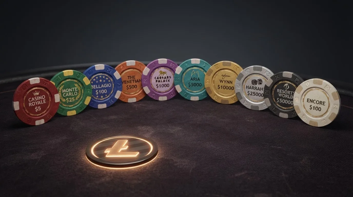 A row of ten stylised casino chips, each bearing a different colour and pattern, arranged across a dark surface with a Litecoin emblem in the foreground