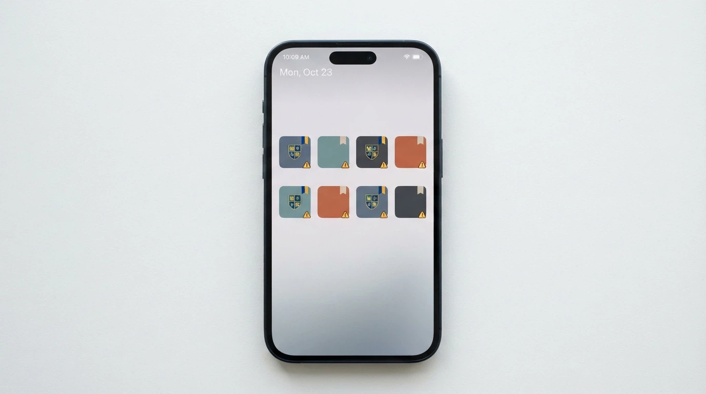 A smartphone home screen with multiple casino-branded icons arranged in a grid, each displaying a small flag for its licence jurisdiction (Curaçao or none) and a warning triangle