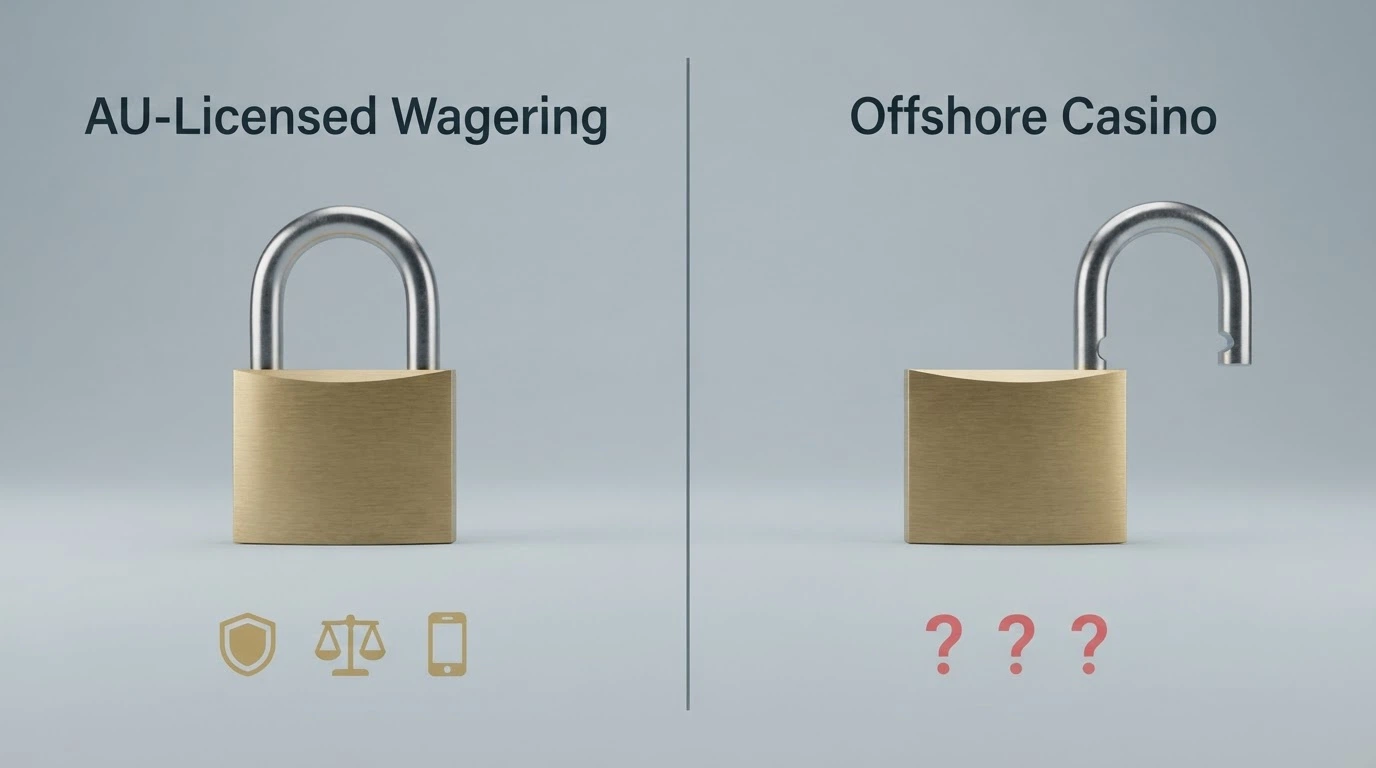 A split-screen visual: left side shows a padlock labelled “AU-Licensed Wagering” with BetStop, consumer protection and helpline icons beneath it; right side shows an open padlock labelled “Offshore Casino” with question marks where the protections should be