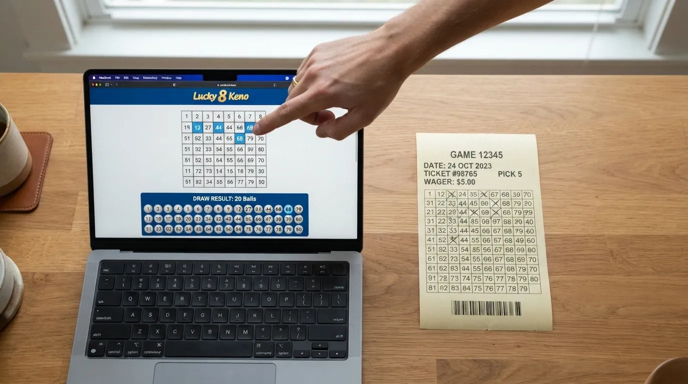 A side-by-side view of an online RNG keno screen (left) and a venue keno terminal ticket (right), showing the same 5-spot selection