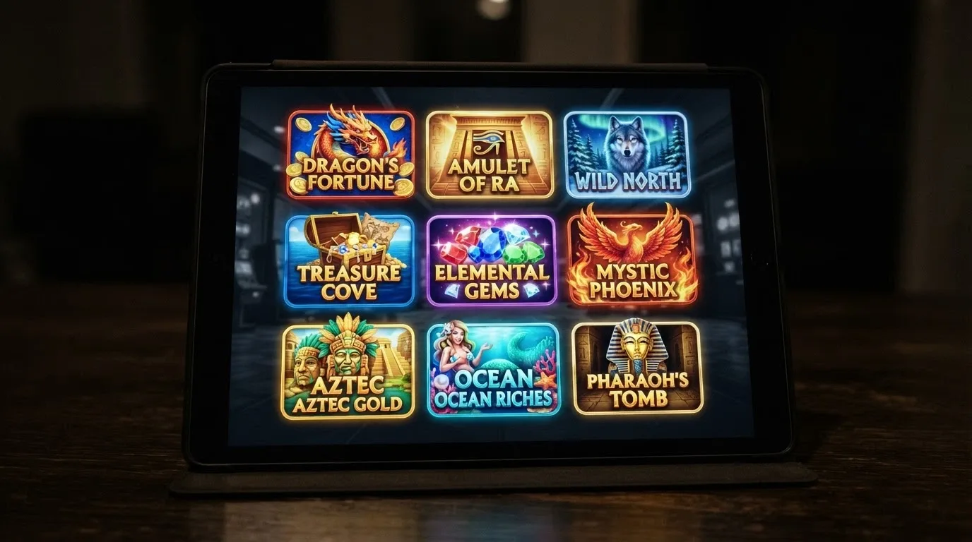 A grid of colourful online pokie game icons on a casino lobby screen, showing several popular Australian-facing titles.