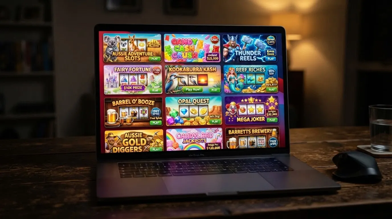 A grid of colourful online pokie title cards from Pragmatic Play and NetEnt including Sweet Bonanza and Starlight Princess